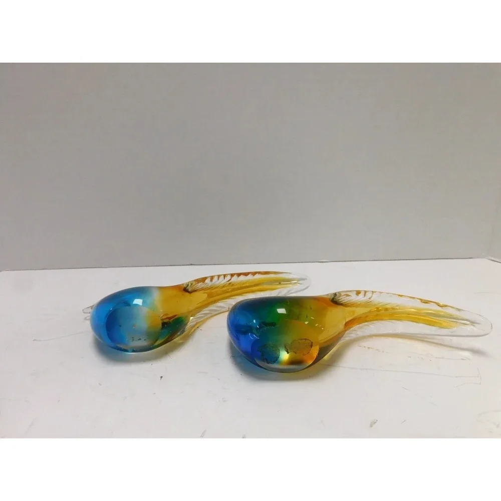 Vintage Art Glass Rooster Figurines Pair Blue Amber Green Hand Blown Birds DW740